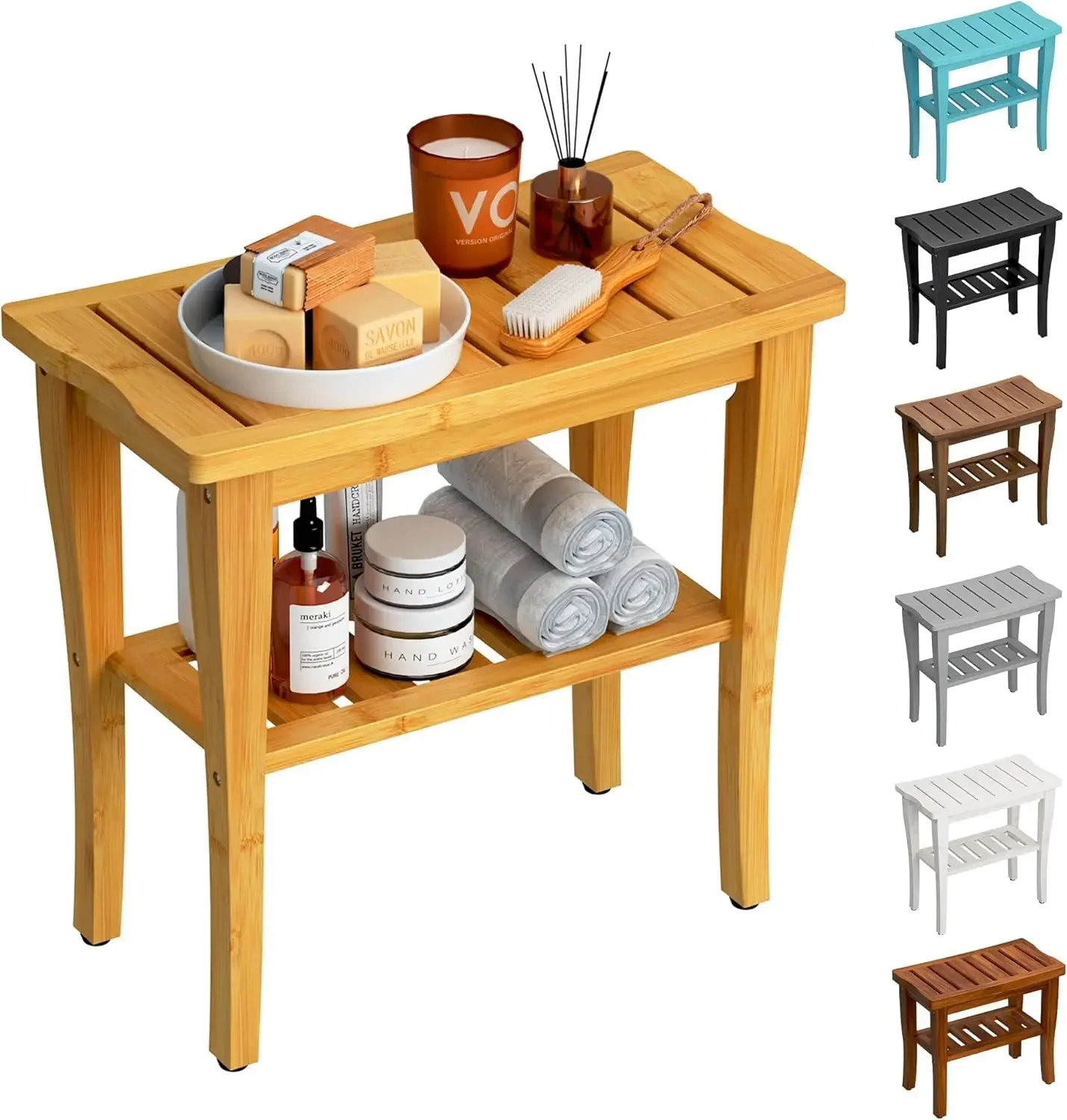 

Bamboo Shower Bench Stool with Storage Shelf, Waterproof Chair Spa Bath Seat, Stool for Inside Shower