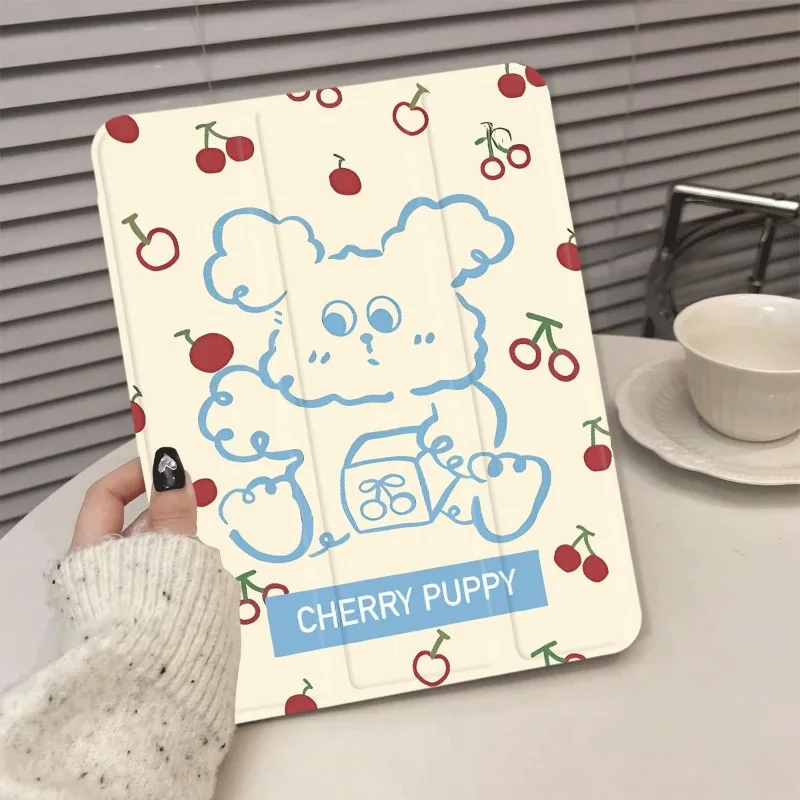 Cherry Blue Line Puppy Pencil Holder Case Funda 2018 9.7 5/6th Ipad Air3 10.5 Ipad 10th Generation Case Ipad 9 Generation Case