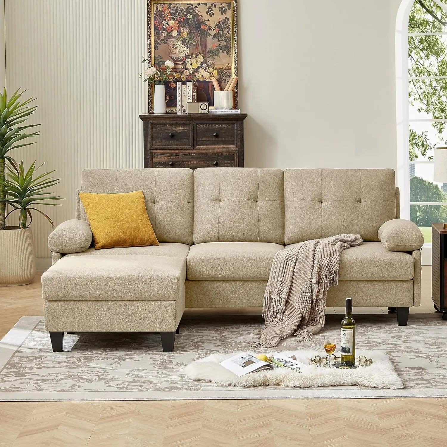 

Convertible Sectional Sofa, 3 Seat L Shaped Linen Sofa Couch with Ottoman, Deep Seat Cushions and Side Pockets for Living Room