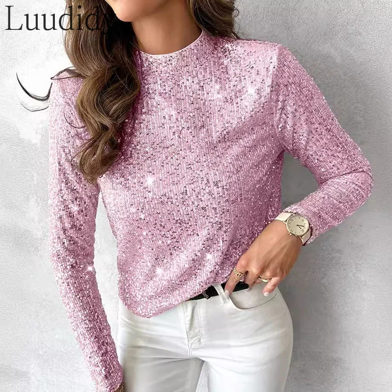 Women Casual Solid Color Sequin Decor Long Sleeve Stand Collar Glitter Top