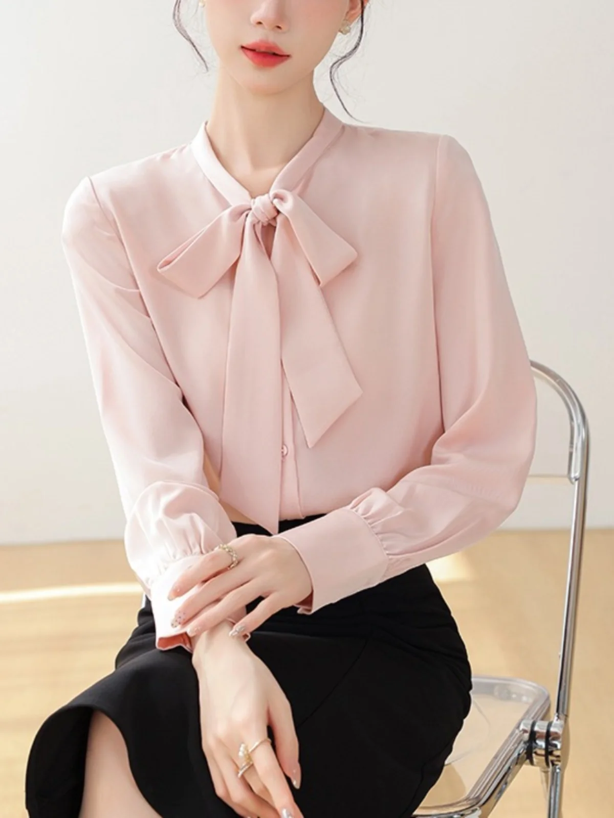 

Ele Interview irt for Women Knot Single Button Career Top Loose Versatile Autumn Spring Faion Busin irt