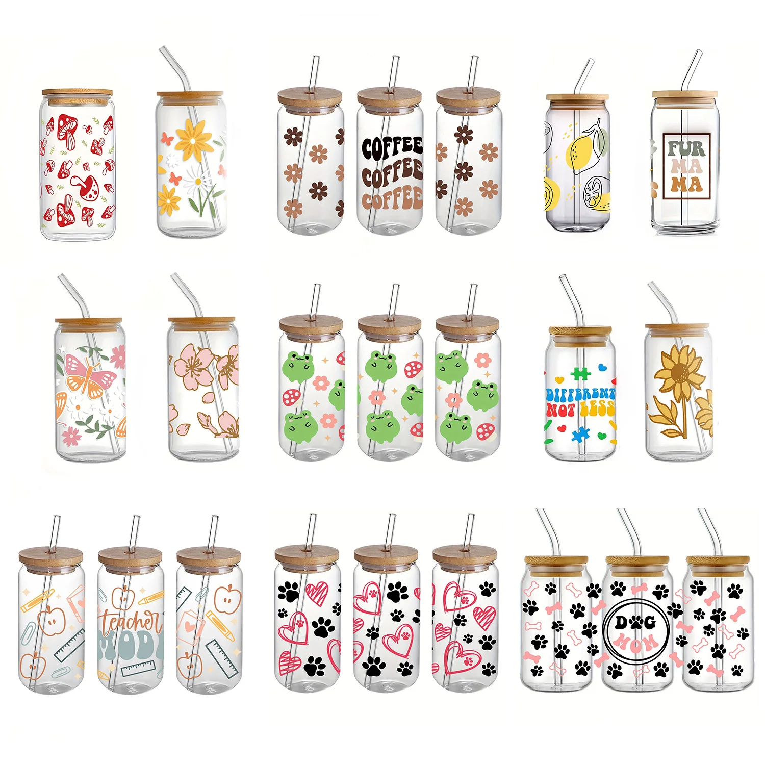 

16oz Sublimation Blank Glass Tumbler With Bamboo Lid Straw DIY Waterproof Sticker Gift Cold Drink Mug