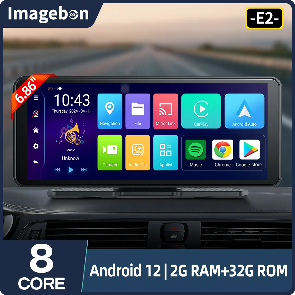 

Видеорегистратор Imagebon 6.86'' E2 Android 12 с беспроводным CarPlay и Android Auto, Wi-Fi, Google Play, YouTube, камера заднего вида, зеркало заднего вида