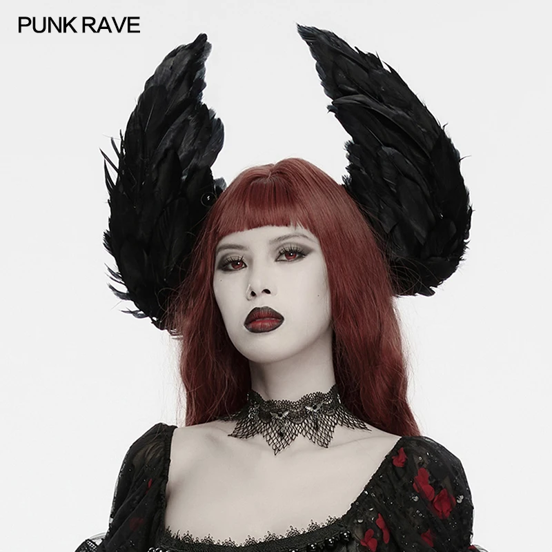 PUNK RAVE Women's Dark Gothic Angel Feather Lace Headband Symmetrical Wings Dark Yet Sweet Theme Party Halloween Accessories