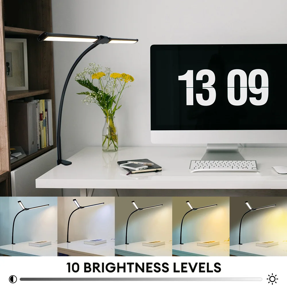 Imagem -03 - Cabeça Dupla Led Clip Desk Lamp Eye Proteção Desk Lamp Brilho Ajustável Flexível Gooseneck Lâmpada para Home Office Iluminação