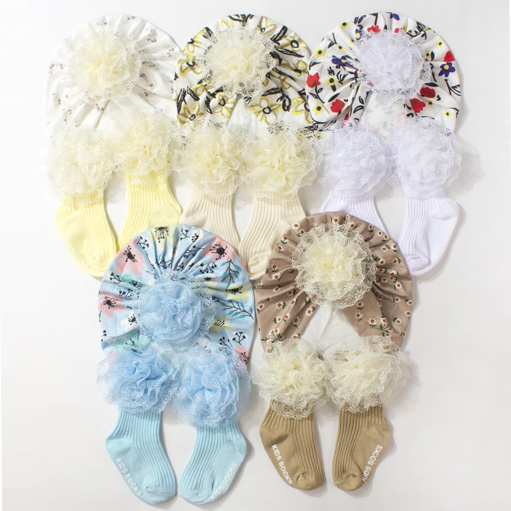 

Baby Printed Hat Socks 2-piece Set Combination Boys and Girls Cotton Big Flower Indian Hat Fashion Short Socks Children's Set