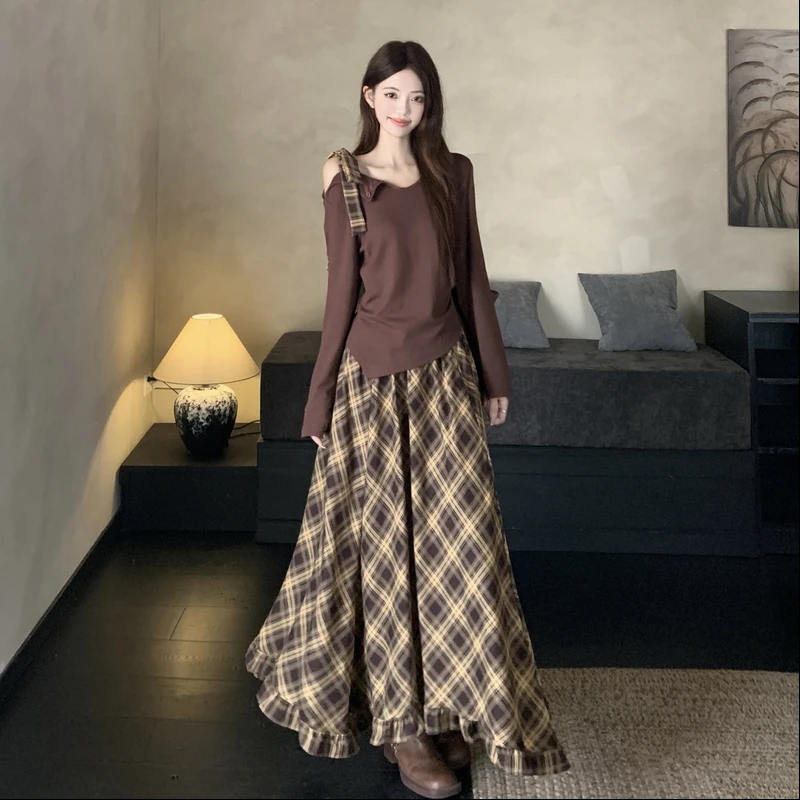 

Осенний комплект в клетку: топ на бретелях и длинная юбка, большие размеры, ретро-корейский стиль, полный комплект, полиэстер