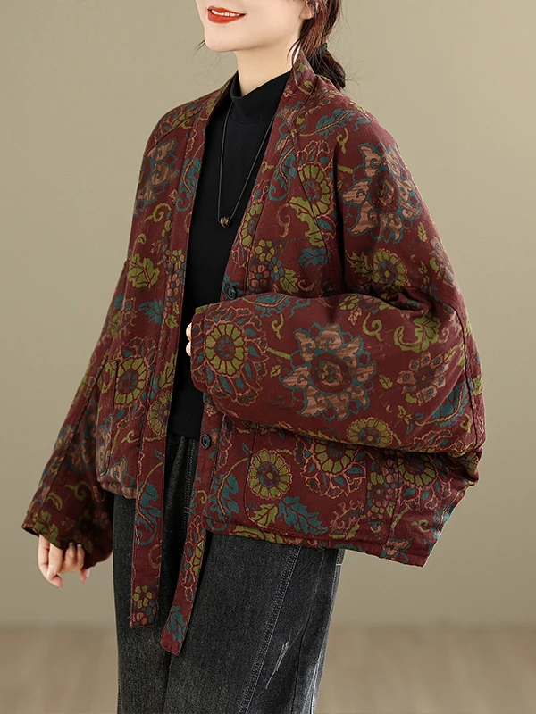 

New Chinese Sle Floral Print Loose Fit Cotton Jaet Women's Winter Coat Button up Slimming Top V-Ne Long Sve Thiened