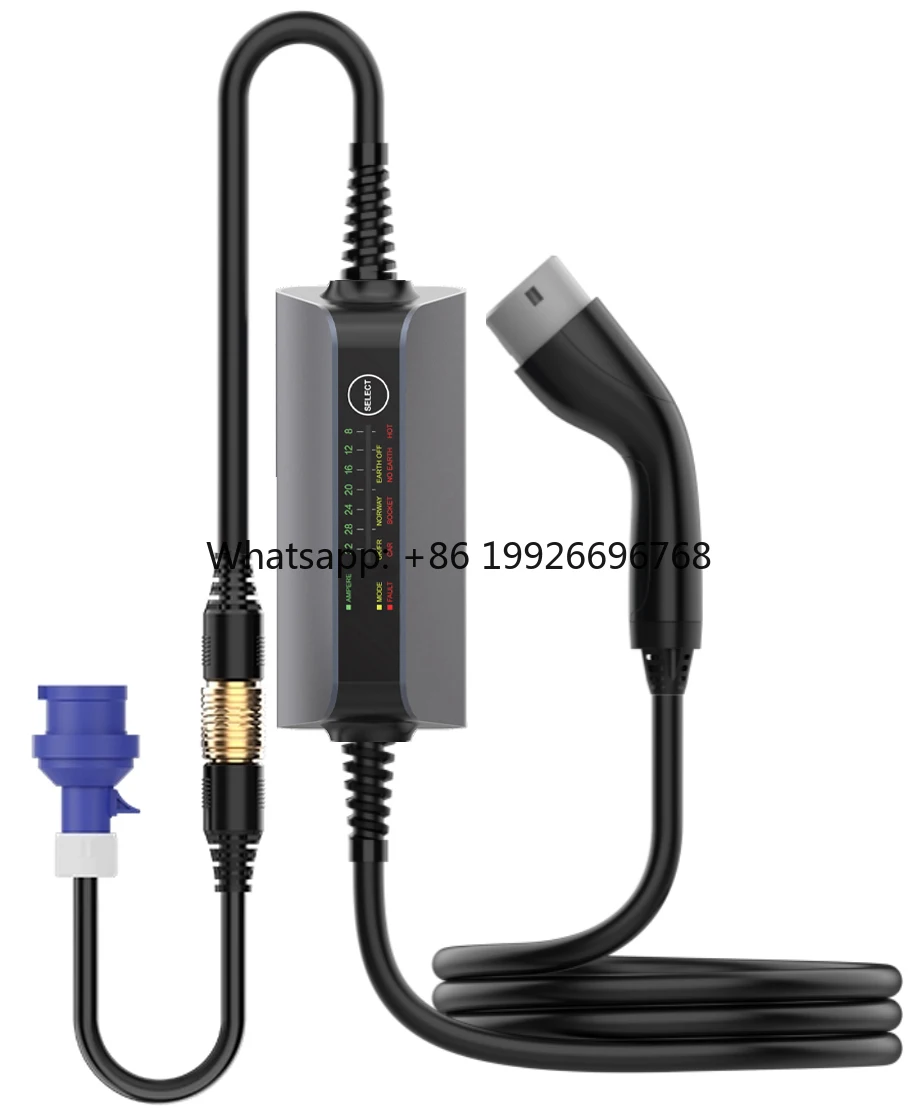 

Новое зарядное устройство для электромотоциклов 16А 32А 22кВт Type2 EVSE с регулируемым зарядным кабелем и синим штекером CEE