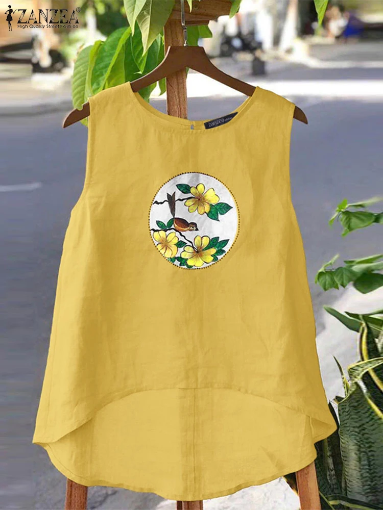 2025 ZANZEA été Camis femmes sans manches imprimé Blouse Vintage coton débardeurs hauts décontracté col rond ample vacances chemise Mujer Femme