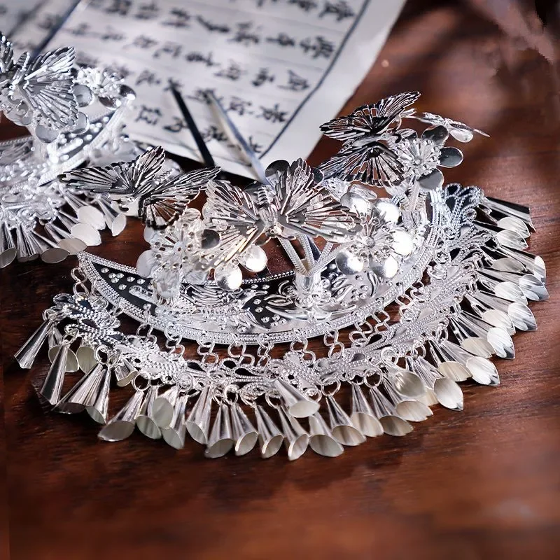 Silber chinesische Miao Haarnadel Zubehör ethnische Minderheit Quaste Kopfschmuck Vintage Prinzessin Cosplay Kopfbedeckung