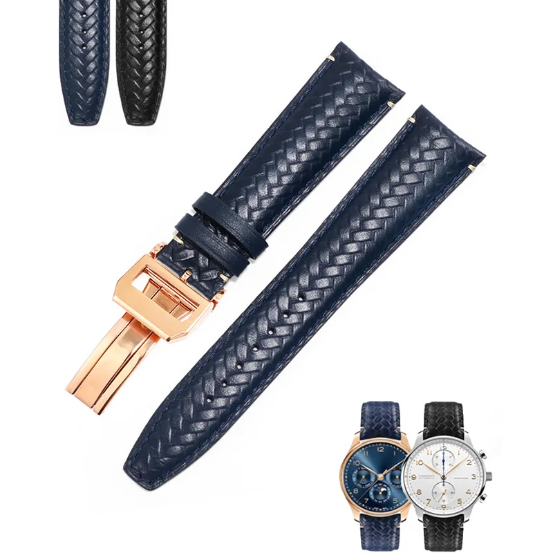 

CICIDD Weave Cow Leather Men's Arced Watchband IWC Series Blue Genuine Leather Folding Buckle Accessories Wrist Strap