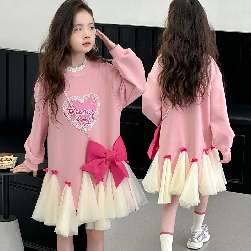 Autumn 14 cotton teen Girls Sweater Dress Lace patchwork ruffle collar love dress+Bow tie bag 2pcs Princess skirt set outfits