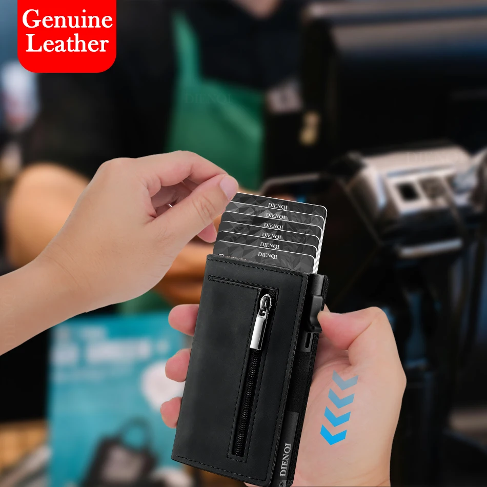 Men's Genuine Leather Black Credit Card Holder ID Holders Automatic Pop Up Card Case Minimalist Wallets Slim Thin Card Clips