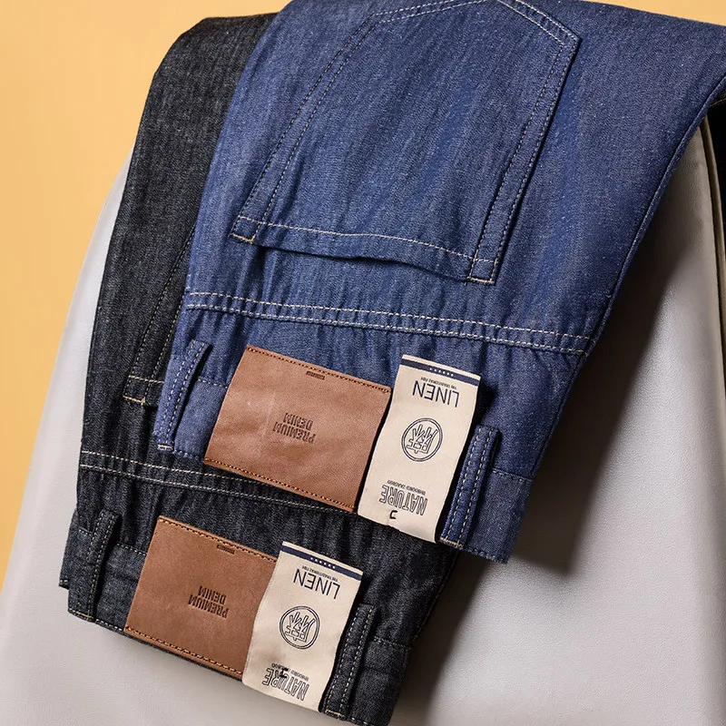 High-end men's loose straight denim pants, summer cotton-linen versatile men's pants, casual cotton-polyester thin long pants