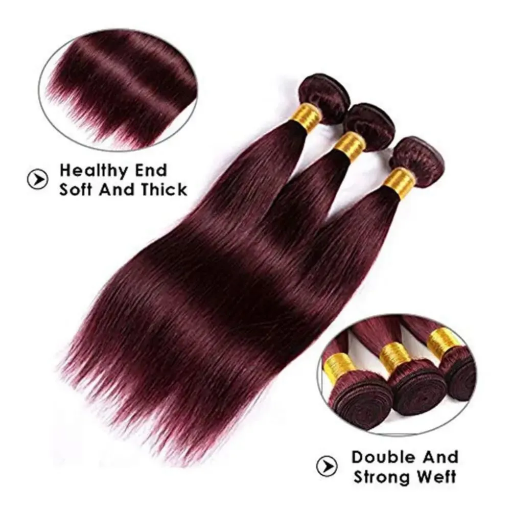 Straight Wine Red 3 Bundles Human Hair Extensions Brazilian Human Hair 100% Unprocessed Red #99j Long Straight For Woman Weave