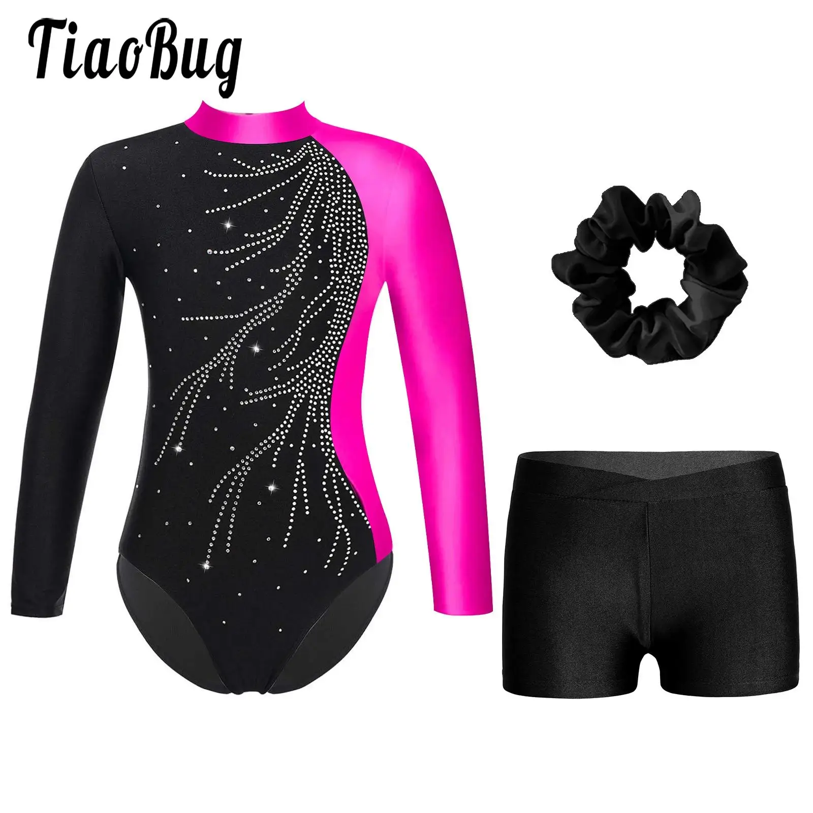 

Girls Dance Sport Outfits Leotards Ballet Gymnastic Outfits Jumpsuits Long Sleeve Bodysuit and Shorts Hair Band Performance Set