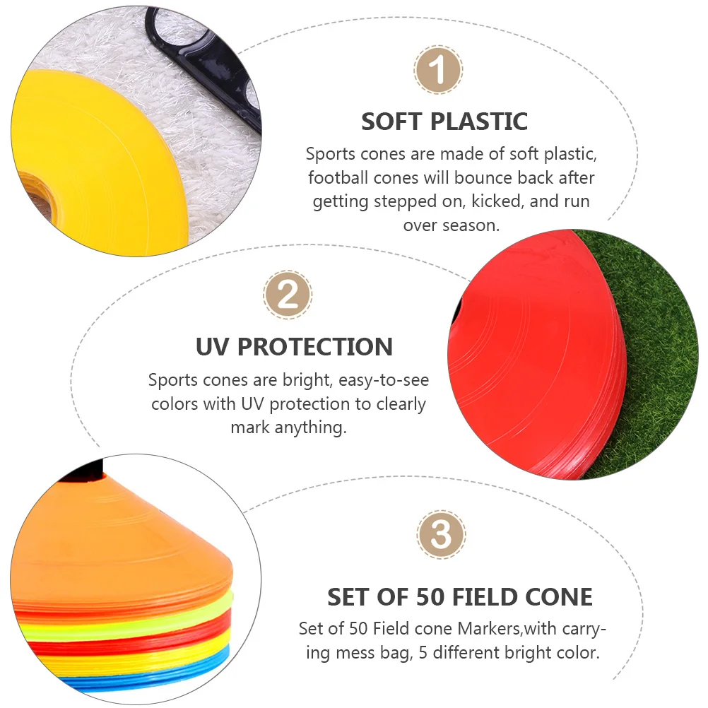 

1Set Soccer Cones Marker Discs 50 Pieces Bright Colors Carry Bag Football Training Field Cone Markers Soccer Training Disc