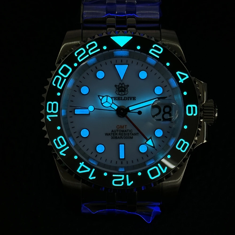ساعة STEELDIVE للرجال بتوقيت جرينتش 40.5 ملم ساعة يد ميكانيكية أوتوماتيكية غواص 30ATM مقاومة للماء BGW-9 ياقوت مضيء NH35 حافة سيراميك