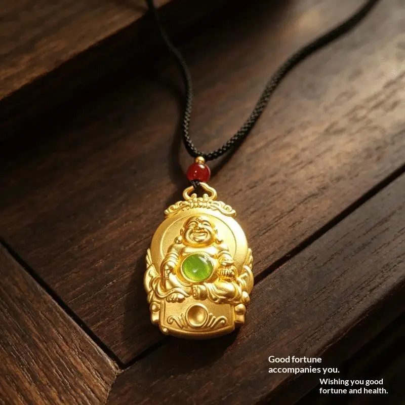 Laughing Monk Statue Pendant Necklace Auspicious Cloud Border Good Luck Charm Jewelry for Friends Family Holiday Gift