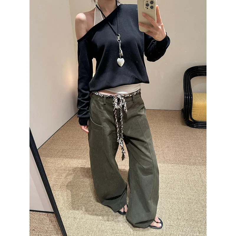 American Retro Green Y2k Jeans Women Vintage Harajuku Oversize Denim Pants 2000s Baggy Wide Leg Trousers Trashy Pantalones