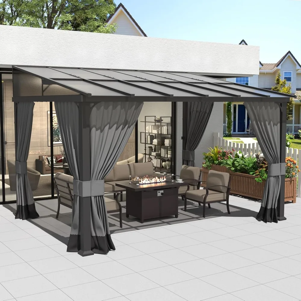 

10’ x 12’ Wall Mount Gazebo Outdoor Pergola, Hardtop Lean to Gazebo Canopy Awnings with Sloped Roof and Sturdy Steel Frame