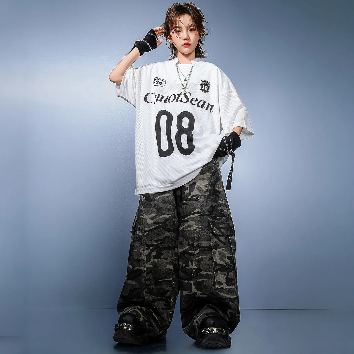 

Kid Kpop Hip Hop Clothing White Jersey T Shirt Top Camo Casual Baggy Cargo Pants for Girl Boy Jazz Dance Wear Costumes Clothes