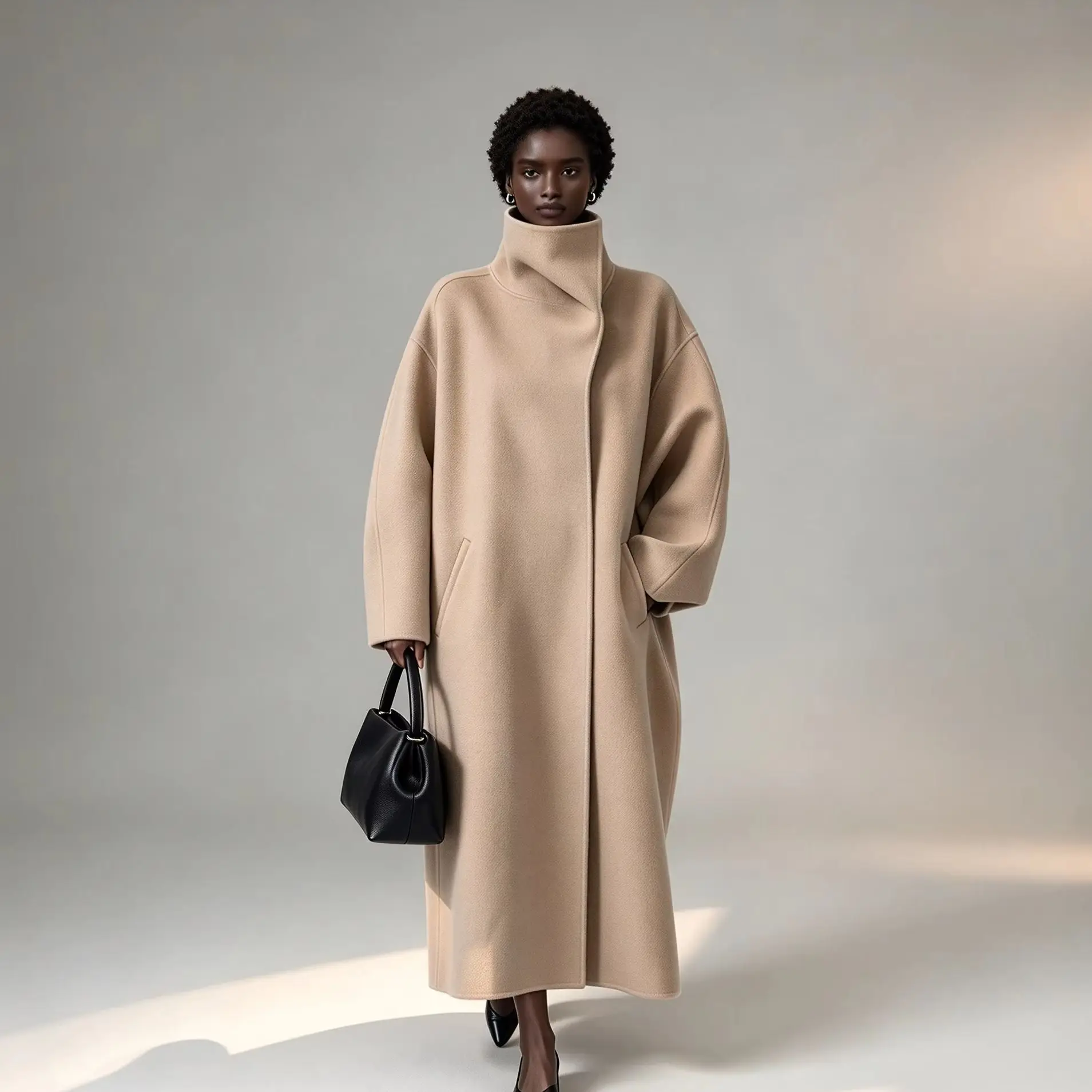 Minimal Women’s Overcoat High Stand Collar Wrap Cut Oversized Long Shape Wool Texture Business Party Banquet Meeting Customized