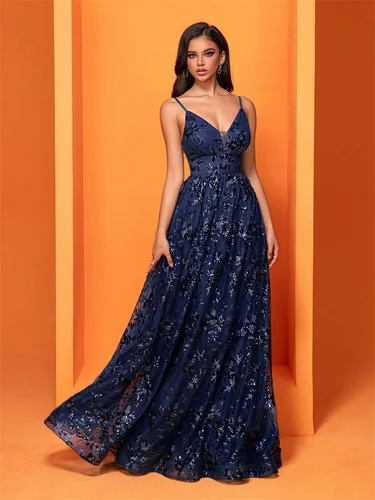 Vestido de noche elegante con lentejuelas y espalda descubierta para mujer, vestido de fiesta de graduación con escote en V profundo, vestidos formales azules hasta el suelo