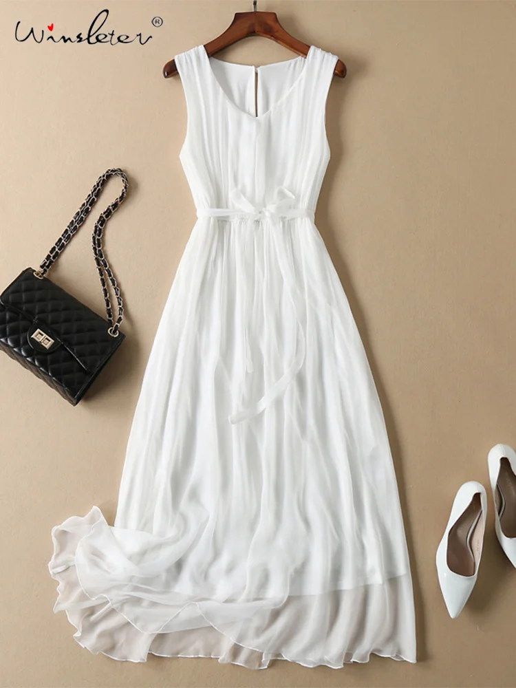 

Winsleter,100%Pure Silk Sleeveless Dress,Summer Dropshipping,Beach Office Work Vacation Vest Tank White Dresses,D36241JM