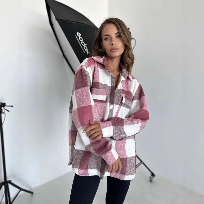 2025 Autumn Oversize Long Sleeve Women Basic Plaid Shirt Minimalist Button Up Brushed Blouses Casual Warm Cardigan Coat