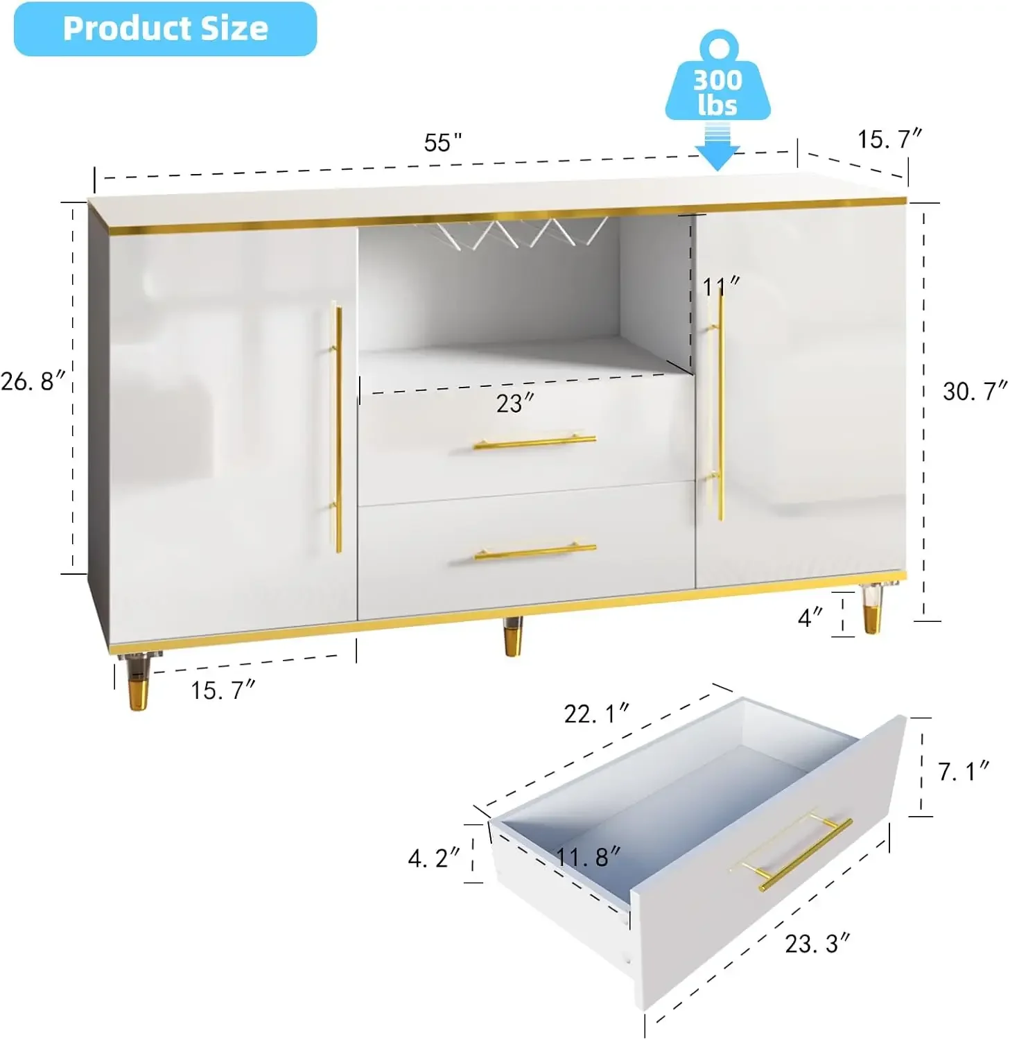 Mobiletto, credenza da cucina da 55" con 2 cassetti e portabicchiere da vino, credenza altamente lucida con ripiani regolabili,