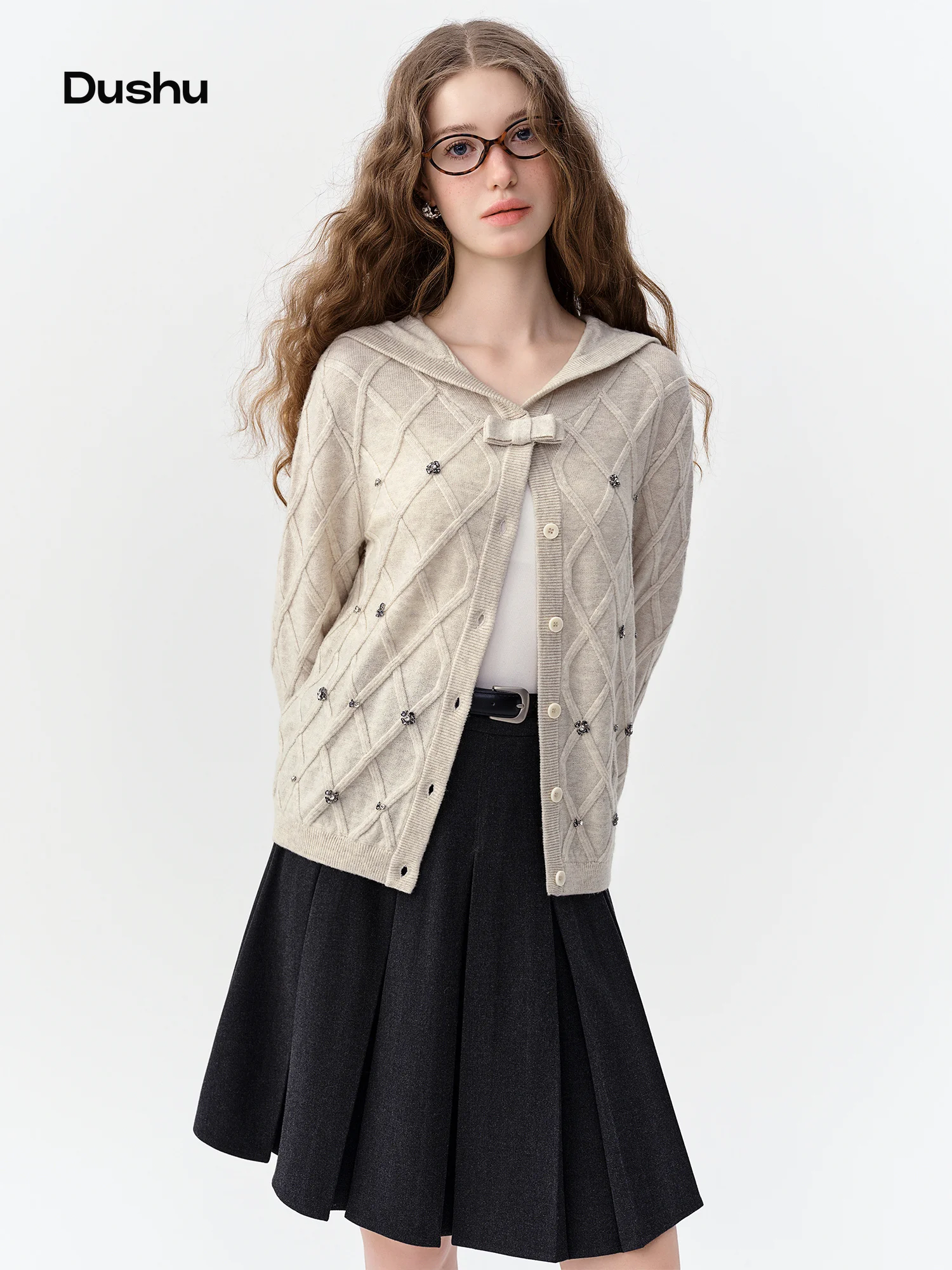 DUSHU 2026 Women's Vintage Argyle Rhinestone Wool Knit Cardigan - Chic Elegant Classic Versatile Soft and Cozy for Daily Wear