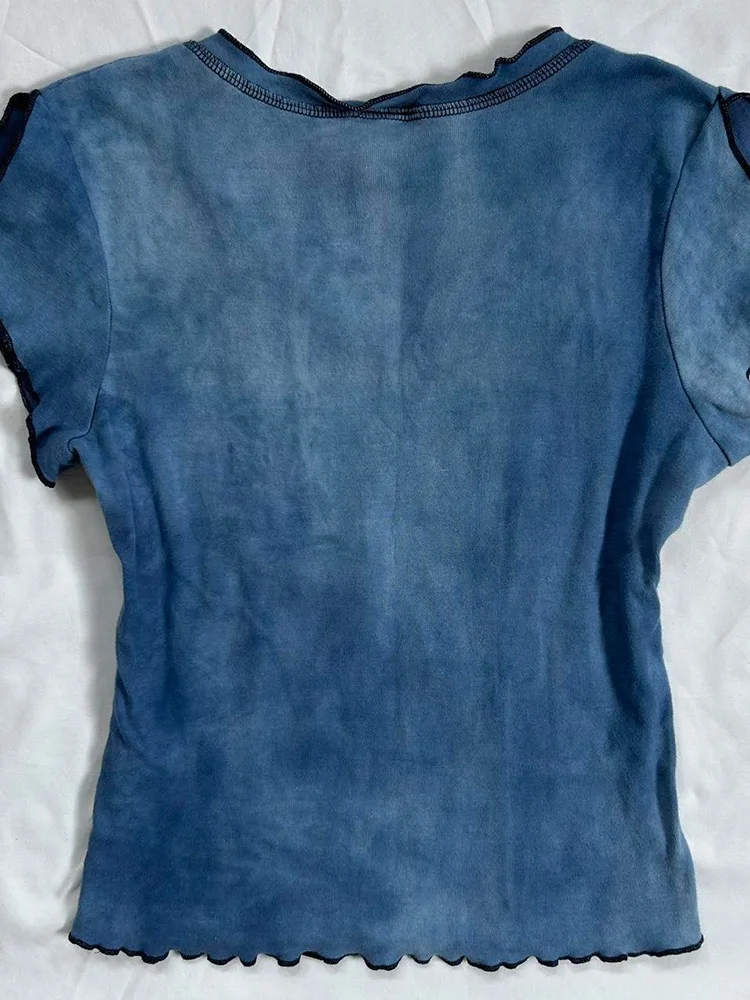 تي شيرت نسائي بتصميم فريد وطباعة زرقاء بأكمام قصيرة، قطعة علوية عصرية من القطن للارتداء اليومي، أنيقة بطابع قديم لفصل الصيف ل... #3