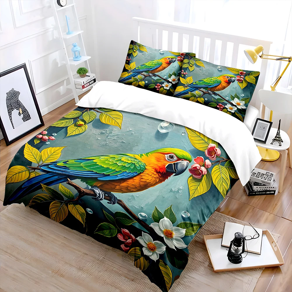 Colorful parrot with blooming branch Print Soft Comfortable Duvet Cover Bedding Set Included 1*Duvet Cover  2*Pillowcases