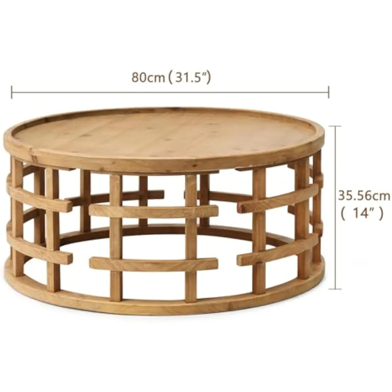 Farmhouse Round Coffee Table, French Country Sofa Tables,Rustic Soild Wood Finish with Openwork Pattern and Curved Frame Base,