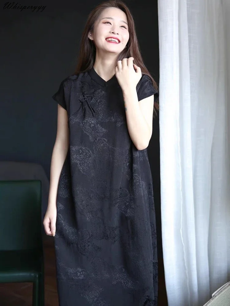 

Black Women's Literary Vintage Cheongsam Chinese National Style Dress Women 2025 Summer Original Design Cotton Linen Qipao