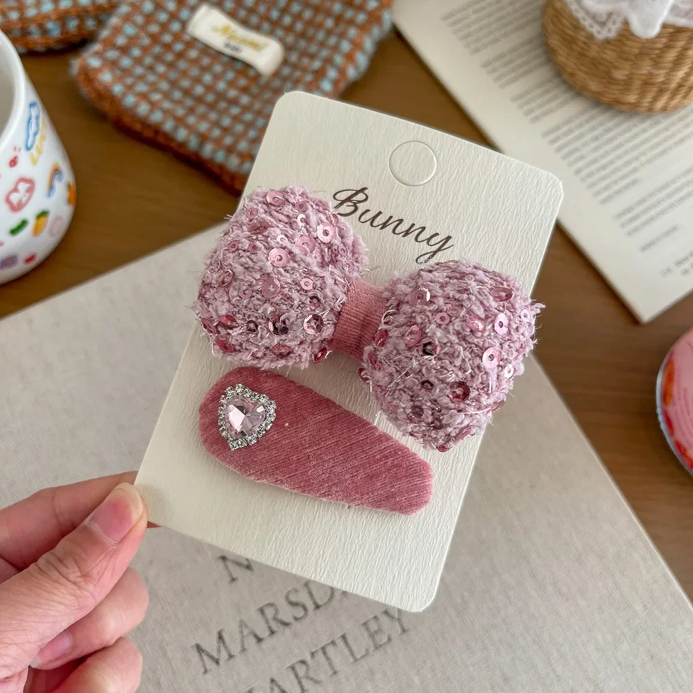 

Soft Pink Stuffed Fabric Sparkly Bow Teardrop BB Hair Clips for Little Girls Sweet Gentle Side Barrettes Non Slip No Damage