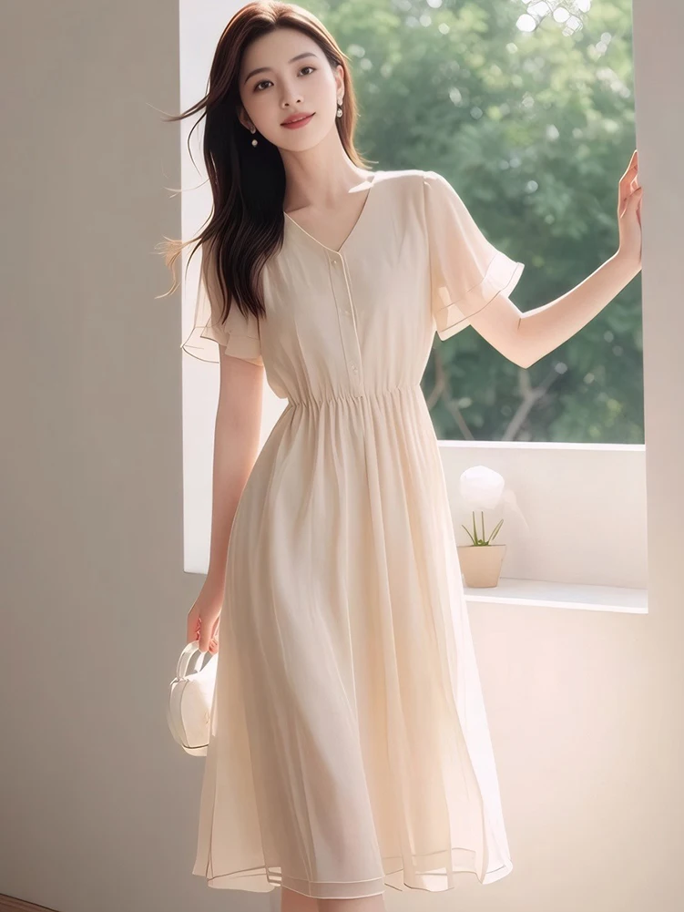 

Летнее однотонное шифоновое платье миди с рукавами-бабочками и v-образным вырезом, женское элегантное повседневное домашнее платье 2025, корейское модное облегающее вечернее платье