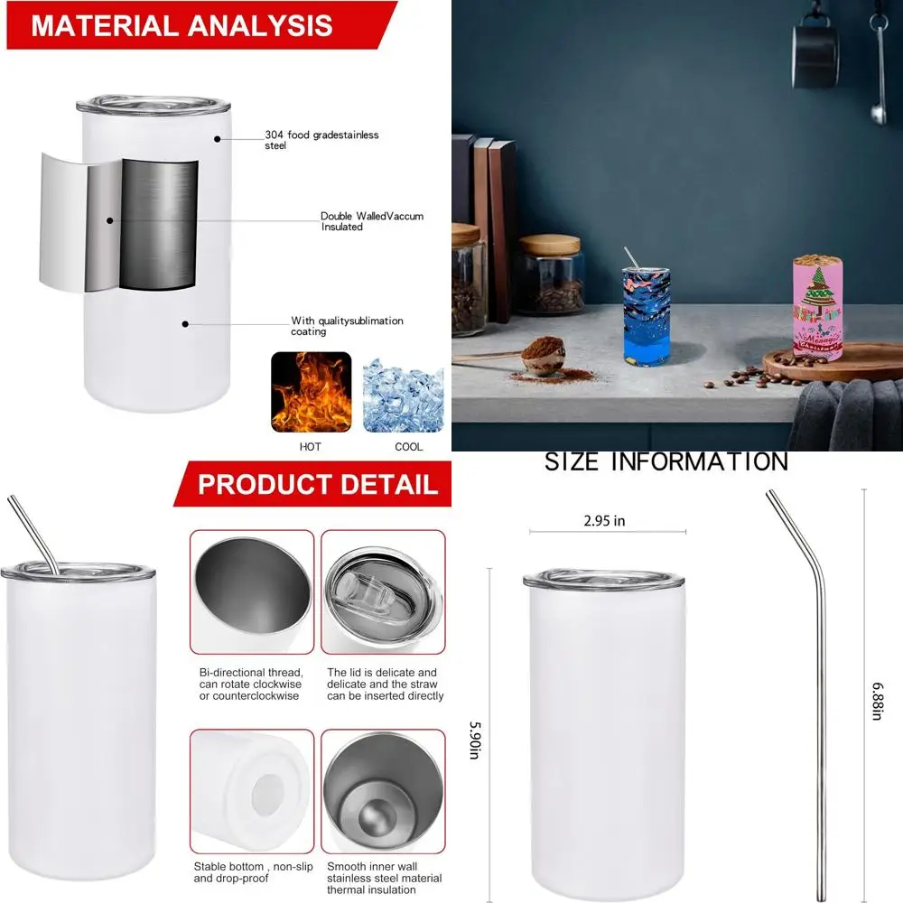 

12 Pack 12oz Stainless Steel Sublimation Tumblers, Bulk DIY Skinny Insulated Cups with Lid and Straw