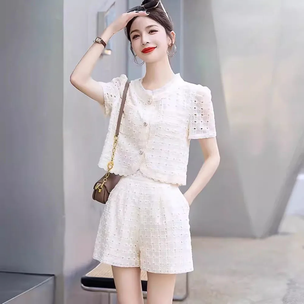 Korean Fashion 2024 Summer Sweet Pink Two Piece Set Women Single Breasted Embroidery Hollow Tops + Pockets Wide Leg Shorts Suit