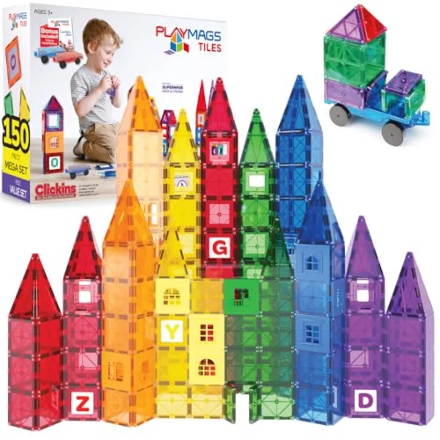 

STEM educational building blocks for kids: magnetic tiles in primary colors durable plastic ideal for classroom and home useinc
