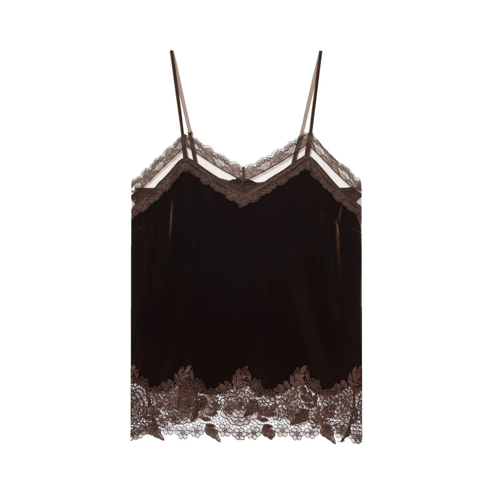 HH Damen Elegantes Samt-Top mit Spitzenbesatz V-Ausschnitt Ärmellos Spaghettiträger Rückenfreies Top Sommer Casual High-Street-Oberteil – Detail 2