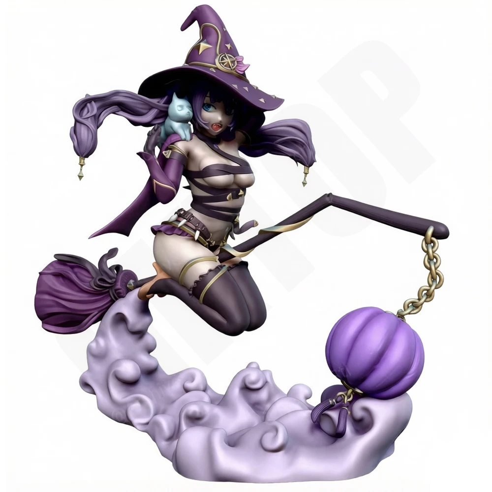 1/24 Witch Hat Broom Riding Girl Model Kits Resin Garage Kit Diorama Unassembled Unpainted 3D Print DIY Mini Craft Statue Toy