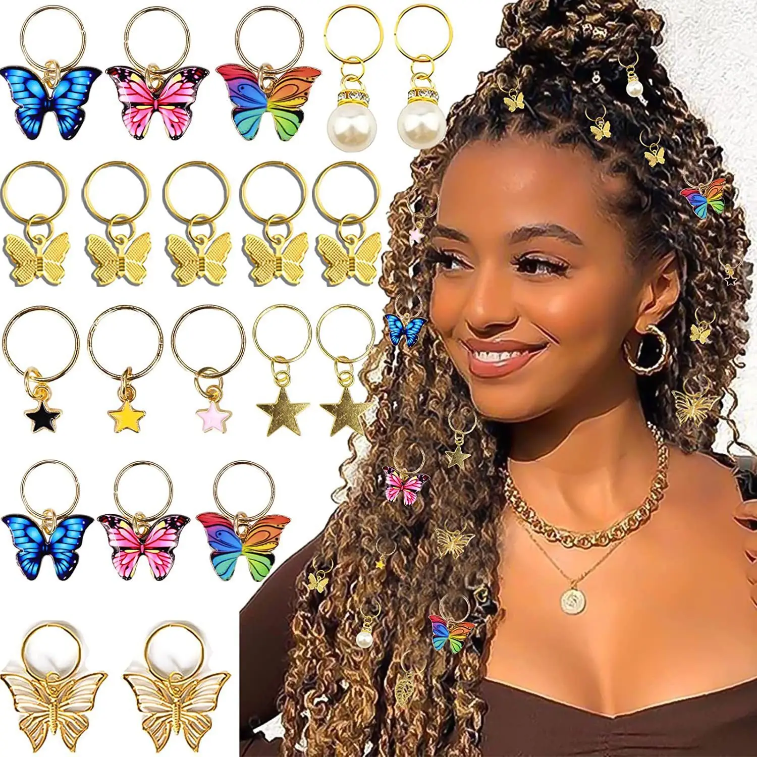 

20Pcs Gold Braiding Kit Butterfly Pearl Hair Jewelry for Braids Hip Hop Festival Accessories Shimmering Dreadlock Decor