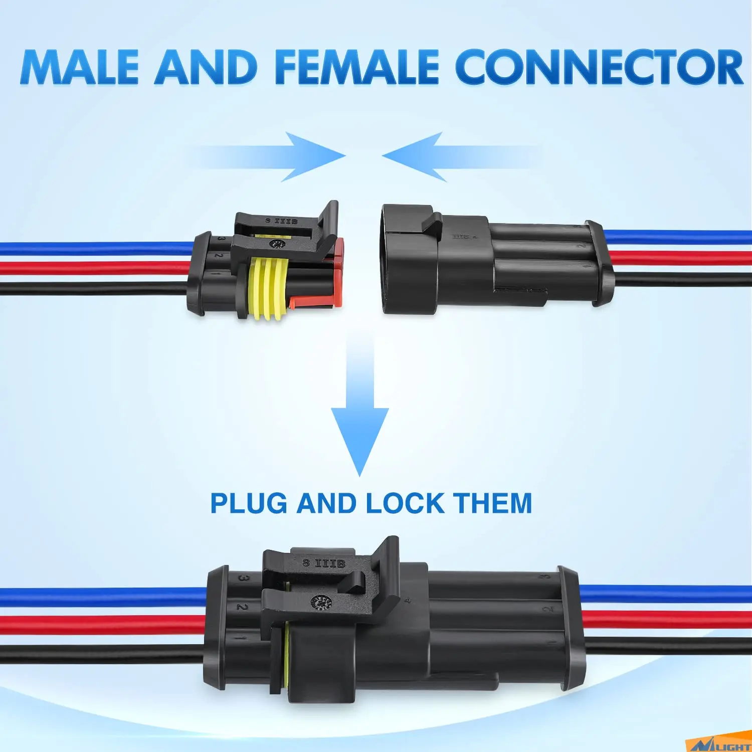 14AWG 3 Pin Plug Waterproof Connector, Male and Female Way Auto Electrical Wire Connectors Harness Suitable for Car, Truck, Boat