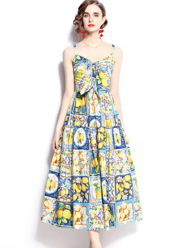 New Fashion Lemon Blue And White Porcelain Print Summer Runway Dress for Women Strapless Backless Slim Big Swing Beach Dress