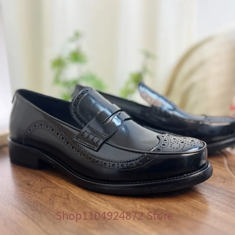 British Genuine Leather Loafers Men's Black Horse Hipped Leather Brogue Carved Business Dress Shoes Male Wedding Oxfords