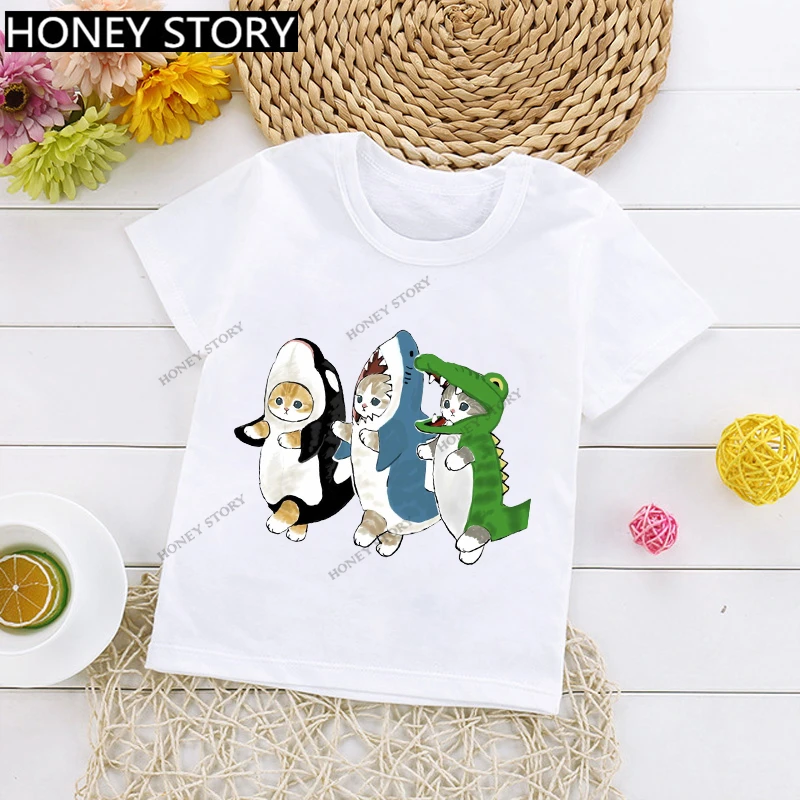 Cute Cartoon Cat Print T-shirt for Boys and Girls Clothes