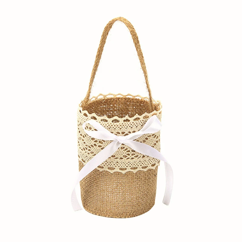 Nordic Burlap Basket Bag Romantic Wedding Linen Handle Vintage Rustic Ceremony Flower Basket DIY Bag Stage Photography Prop